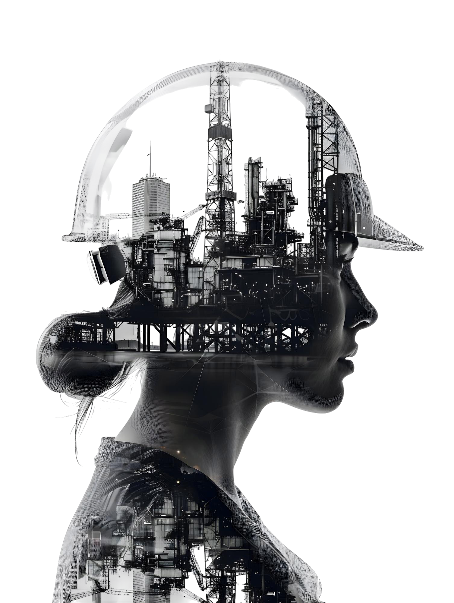 3d-flat-icon-person-blending-with-houston-cityscape-oil-rig-hard-hat-double-exposure-wit engineering-contractor